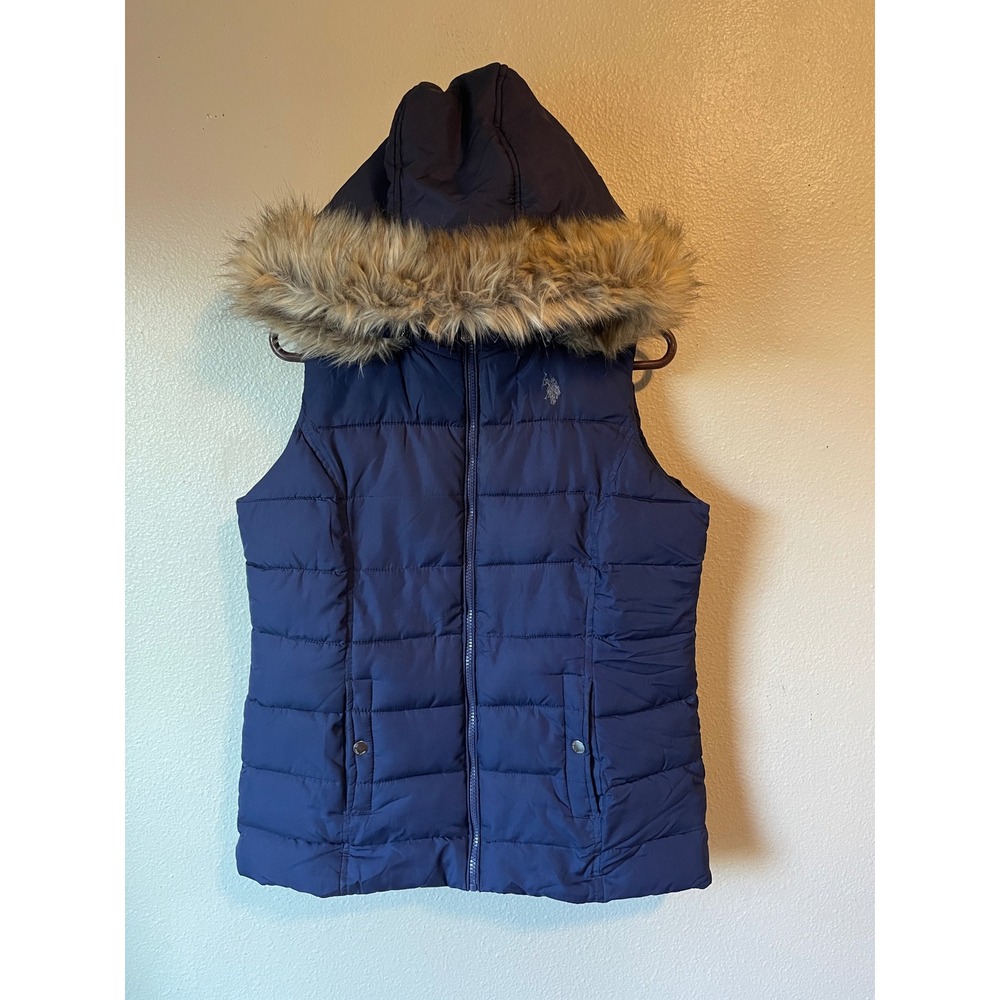 US Polo Assn Women's M, Puffer Vest Navy Blue Hooded Fur Trim Zip Front Casual